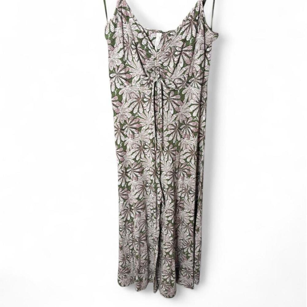 Anthropologie Green Botanical Palm Leaf Print Wide Leg Jumpsuit Medium Cinch Tie